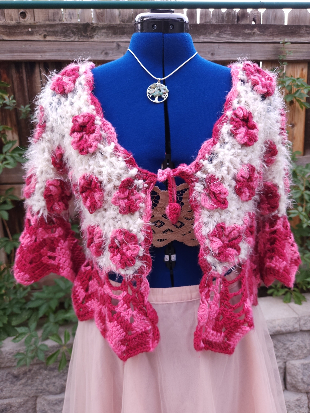 Handmade Crochet Flower Bolero Cardigan Pink Cream Boho Fairycore